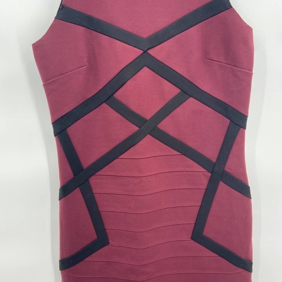 MAJE Destinee Burgundy Black Geometric Bodycon Sleeveless Mini Dress Size 3 - Picture 6 of 11